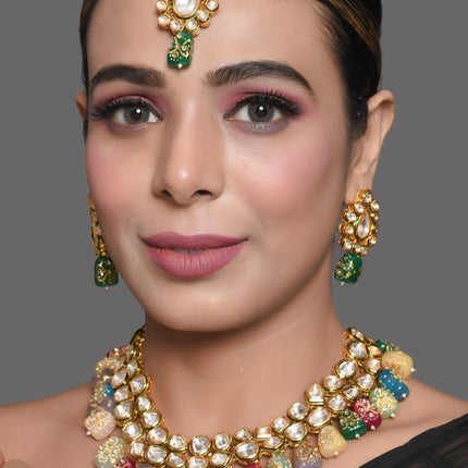 Beautiful Multi Colored Stone Kundan Necklace Set