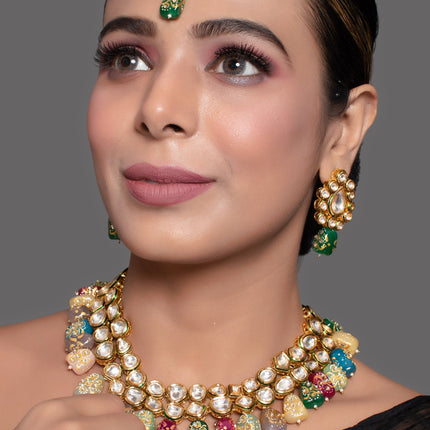 Beautiful Multi Colored Stone Kundan Necklace Set