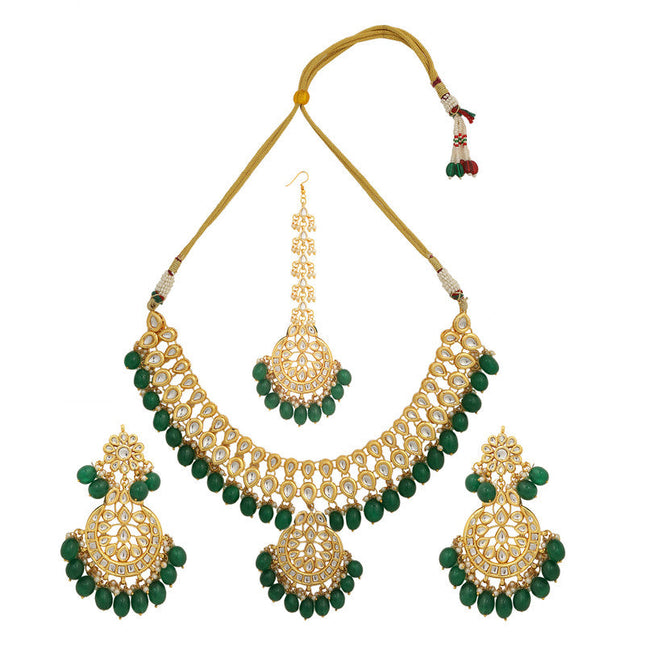 Beautiful Dark Green and Golden Kundan Necklace with Earrings and Maang Tikka