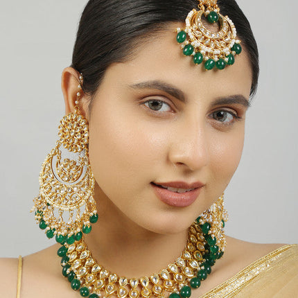 Designer Dark Green and Golden Kundan Necklace With Earrings and Maang Tikka Set