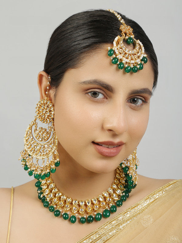 Designer Dark Green and Golden Kundan Necklace With Earrings and Maang Tikka Set