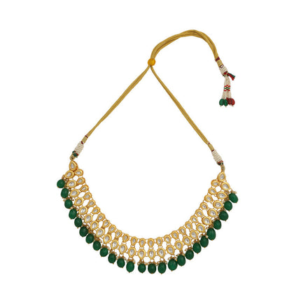 Designer Dark Green and Golden Kundan Necklace With Earrings and Maang Tikka Set