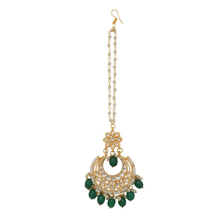 Designer Dark Green and Golden Kundan Necklace With Earrings and Maang Tikka Set