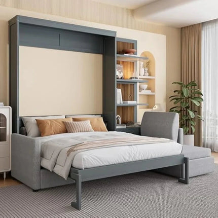 Harper Queen Convertible Wall Bed — Murphy Bed + Sofa With Storage Shelves (Gray)