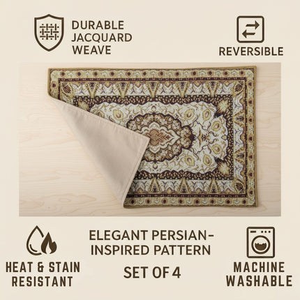 DaDa Bedding Set of 4-6 Pieces Royal Persian Style Rug Golden Brown Floral Tapestry Placemats 13” x 19” (18119)