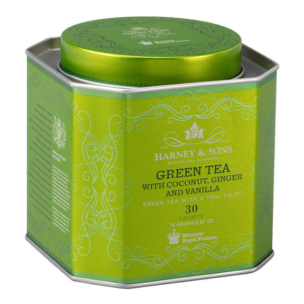 Green Tea with Coconut, Ginger and Vanilla, HRP Tin of 30 Sachets