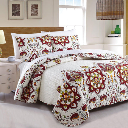 DaDa Bedding Casablanca Garden Mediterranean Floral Red & White Quilted Bedspread Set (HS-11130)