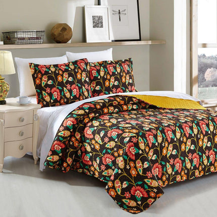 DaDa Bedding Marigold’s Floral Brown Yellow Botanical Garden Quilted Bedspread Set (HS-3330)