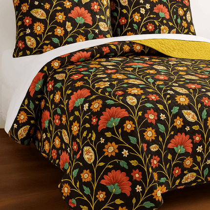 DaDa Bedding Marigold’s Floral Brown Yellow Botanical Garden Quilted Bedspread Set (HS-3330)