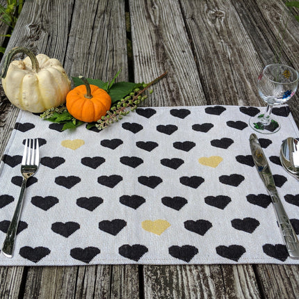 DaDa Bedding Set of 4-Pieces Lovely Yellow & Black Hearts Tapestry Dining Table Placemats 13” x 19” (18113)