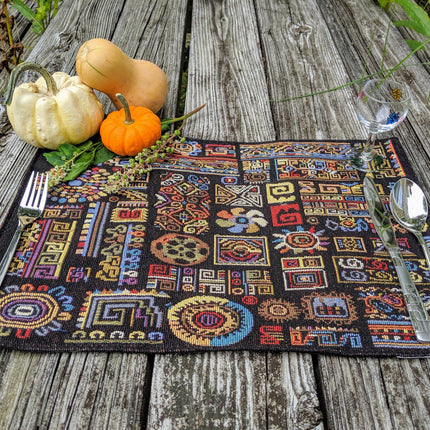 DaDa Bedding Set of 4-Pieces Ethnic Ornaments Geometric Black Tapestry Dining Placemats 13” x 19” (18118)