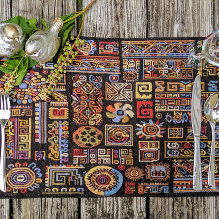 DaDa Bedding Set of 4-Pieces Ethnic Ornaments Geometric Black Tapestry Dining Placemats 13” x 19” (18118)