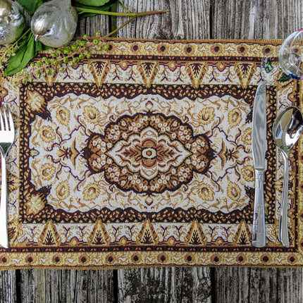 DaDa Bedding Set of 4-6 Pieces Royal Persian Style Rug Golden Brown Floral Tapestry Placemats 13” x 19” (18119)