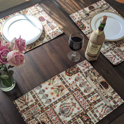 DaDa Bedding Set of 8 Pieces Light Botanical Mughal Floral Table Woven Tapestry - 4 Placemats, 2 Table Runners, 2 Throw Pillow Covers (18196)