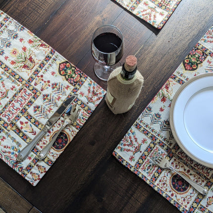 DaDa Bedding Set of 8 Pieces Light Botanical Mughal Floral Table Woven Tapestry - 4 Placemats, 2 Table Runners, 2 Throw Pillow Covers (18196)