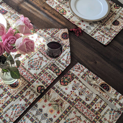 DaDalogy Bedding Cottage Mughal Floral Woven Tapestry Table Runner, Light Fleur White Botanical Vintage (18196)