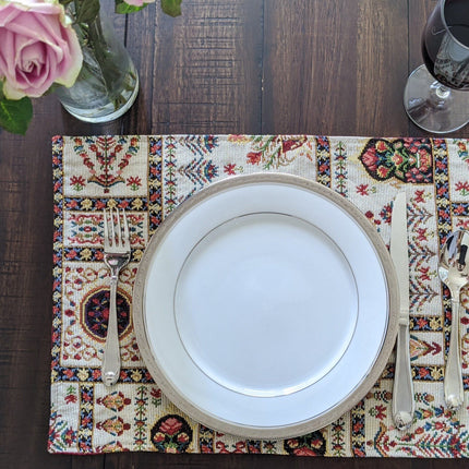 DaDa Bedding Set of 8 Pieces Light Botanical Mughal Floral Table Woven Tapestry - 4 Placemats, 2 Table Runners, 2 Throw Pillow Covers (18196)