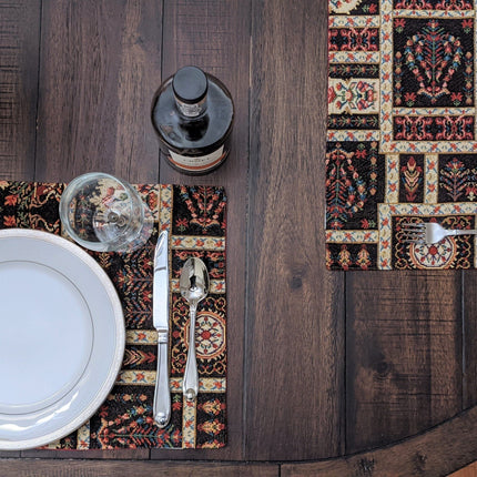 DaDa Bedding Set of 8 Pieces Dark Botanical Mughal Floral Table Woven Black Tapestry - 4 Placemats, 2 Table Runners, 2 Throw Pillow Covers (18197)