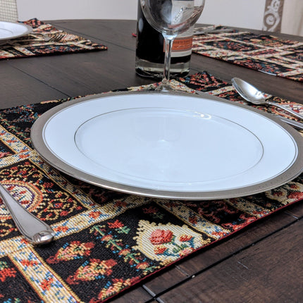 DaDa Bedding Set of 8 Pieces Dark Botanical Mughal Floral Table Woven Black Tapestry - 4 Placemats, 2 Table Runners, 2 Throw Pillow Covers (18197)