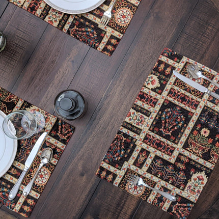 DaDa Bedding Set of 8 Pieces Dark Botanical Mughal Floral Table Woven Black Tapestry - 4 Placemats, 2 Table Runners, 2 Throw Pillow Covers (18197)