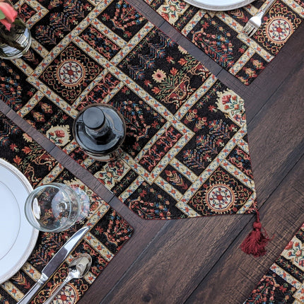 DaDalogy Bedding Elegant Woven Mughal Floral Tapestry Table Runner, Dark Noir Botanical Vintage Fleur (18197)