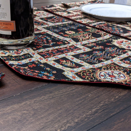 DaDa Bedding Set of 8 Pieces Dark Botanical Mughal Floral Table Woven Black Tapestry - 4 Placemats, 2 Table Runners, 2 Throw Pillow Covers (18197)