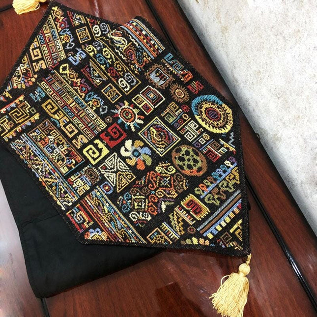 DaDa Bedding Ethnic Ornaments Geometric Black Elegant Woven Tapestry Dining Table Runner (18118)