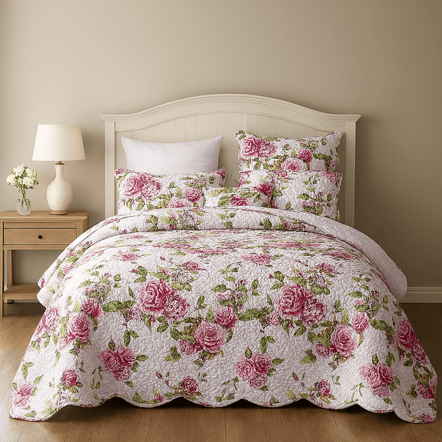 DaDa Bedding Romantic Roses Lovely Spring Pink Floral Quilted Scalloped Bedspread Set (JHW879)