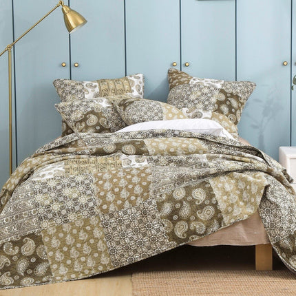 DaDalogy Bedding Bed in a Bag Bundle Set - Bohemian Paisley Dreams Floral Olive Brown Patchwork Bedspread Set (JHW885)