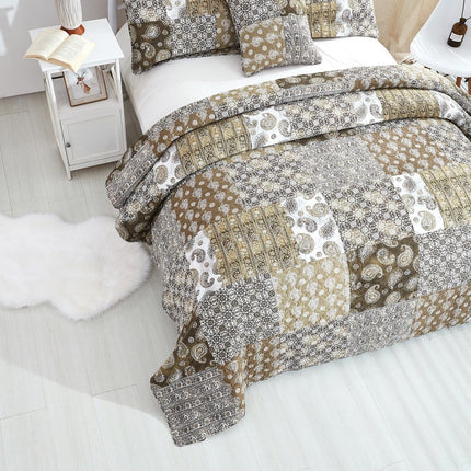 DaDalogy Bedding Bed in a Bag Bundle Set - Bohemian Paisley Dreams Floral Olive Brown Patchwork Bedspread Set (JHW885)