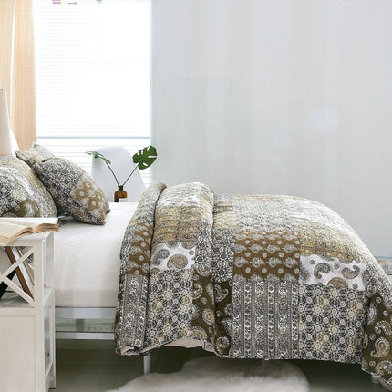 DaDalogy Bedding Bed in a Bag Bundle Set - Bohemian Paisley Dreams Floral Olive Brown Patchwork Bedspread Set (JHW885)