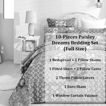 DaDalogy Bedding Bed in a Bag Bundle Set - Bohemian Paisley Dreams Floral Olive Brown Patchwork Bedspread Set (JHW885)