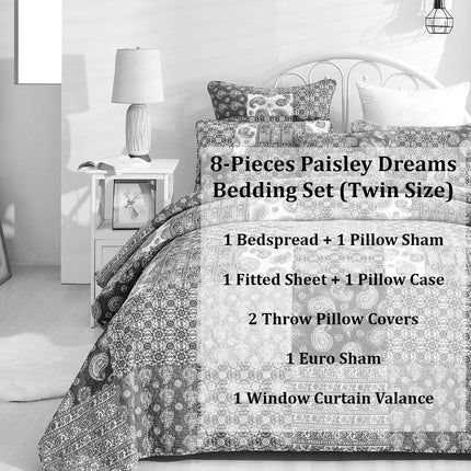 DaDalogy Bedding Bed in a Bag Bundle Set - Bohemian Paisley Dreams Floral Olive Brown Patchwork Bedspread Set (JHW885)