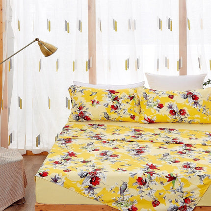 DaDa Bedding Sunshine Yellow Hummingbirds Floral Fitted & Flat Bed Sheets Set (JHW-925)