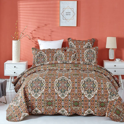 DaDa Bedding Rustic Earthy Cross Motif Folk Ogee Moroccan Scalloped Quilted Bedspread Set (JHW-944)