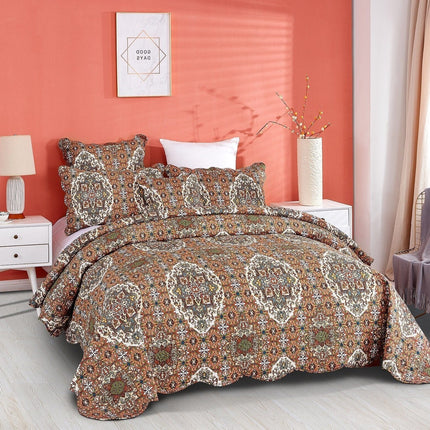 DaDa Bedding Rustic Earthy Cross Motif Folk Ogee Moroccan Scalloped Quilted Bedspread Set (JHW-944)