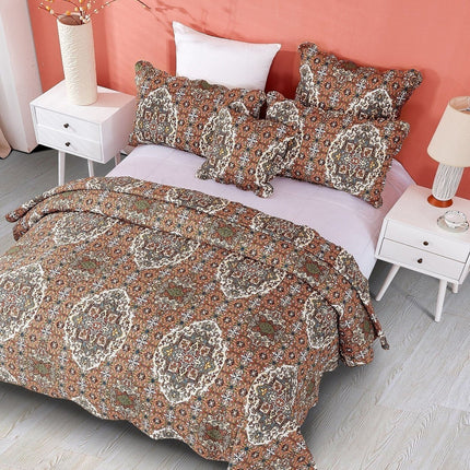 DaDa Bedding Rustic Earthy Cross Motif Folk Ogee Moroccan Scalloped Quilted Bedspread Set (JHW-944)