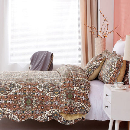 DaDa Bedding Rustic Earthy Cross Motif Folk Ogee Moroccan Scalloped Quilted Bedspread Set (JHW-944)
