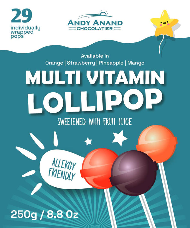 Andy Anand Low Calorie Lollipops with Multi Vitamins fruit flavored, Kids Love Them! 8.8 oz, Kids Multivitamin Pops, Sweetened with real fruit Juice