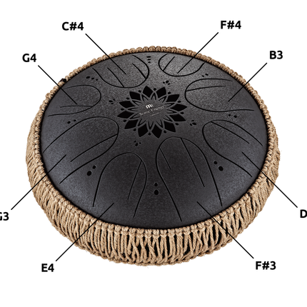 10" Medium Octave Steel Tongue Drum, B Minor, 8 Notes, 432 Hz, Black