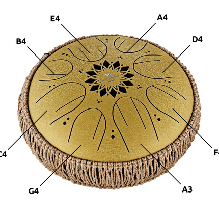 10" Medium Octave Steel Tongue Drum, C Major, 8 Notes, 432 Hz, Gold
