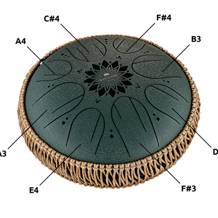 10" Medium Octave Steel Tongue Drum, F# Minor, 8 Notes, 432 Hz, Dark Green