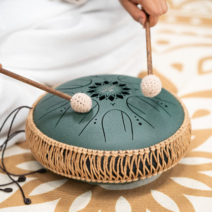 10" Medium Octave Steel Tongue Drum, F# Minor, 8 Notes, 432 Hz, Dark Green