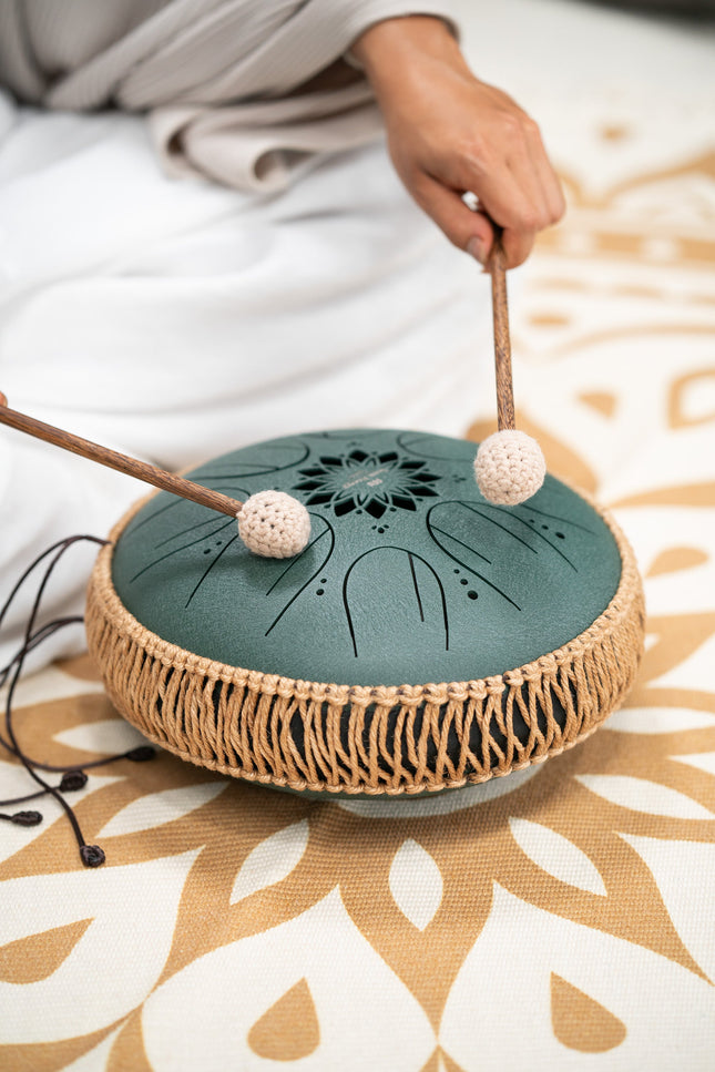 10" Medium Octave Steel Tongue Drum, F# Minor, 8 Notes, 432 Hz, Dark Green