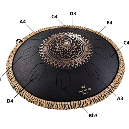 16" Octave Steel Tongue Drum, D Kurd, Lasered Floral Design, Black