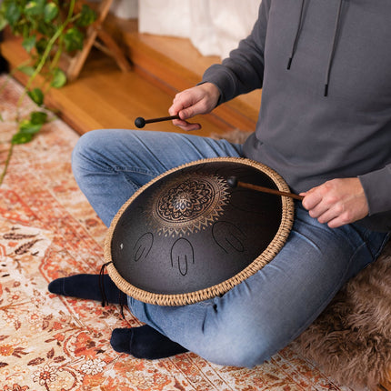 16" Octave Steel Tongue Drum, D Kurd, Lasered Floral Design, Black