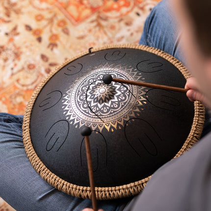 16" Octave Steel Tongue Drum, D Kurd, Lasered Floral Design, Black