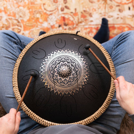 16" Octave Steel Tongue Drum, D Kurd, Lasered Floral Design, Black