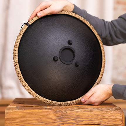 16" Octave Steel Tongue Drum, D Kurd, Lasered Floral Design, Black