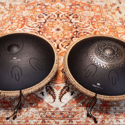 16" Octave Steel Tongue Drum, D Kurd, Lasered Floral Design, Black